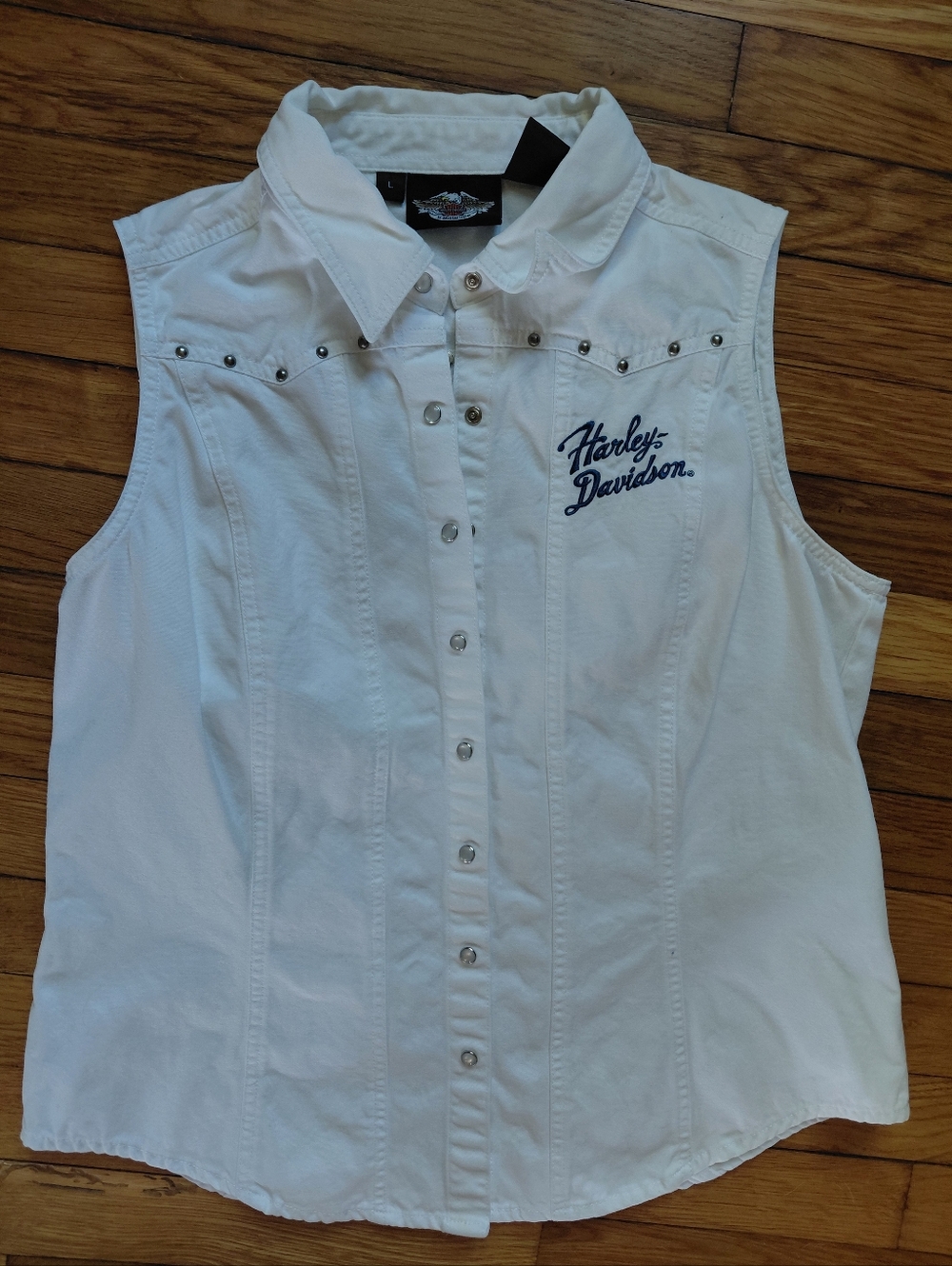 VTG Harley Davidson White Denim Sleevless Bytton Up Top Embroidered Logo